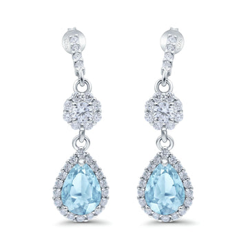 Halo Dangle & Drop Earrings Pear Simulated Aquamarine CZ 925 Sterling Silver